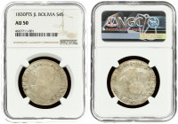 Bolivia 4 Soles 1830PTS JL Averse: Additional mint mark on lower part of island. Reverse: Uniformed bust right. Silver. KM 96a.2. NGC AU 50