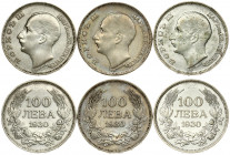 Bulgaria 100 Leva 1930 BP Boris III(1918-1943). Averse: Head; left. Reverse: Denomination above date within wreath. Silver. KM 43. Lot of 3 Coins