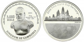 Cambodia 3000 Riels 2004 2006 FIFA World Cup - Germany. Averse: King Jayayarman VII. Reverse: Temple above half of a soccer ball. Silver. KM 139