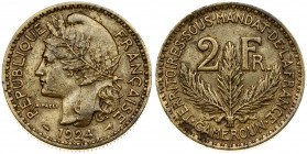 Cameroon 2 Francs 1924(a) Averse: Laureate head left; date below. Reverse: Denomination above three branch spray. Edge Description: Reeded. Aluminum-B...