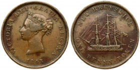 Canada1 Penny 1843 Token. Victoria(1837-1901). Averse:Left profile of Victoria. Lettering: VICTORIA DEI GRATIA REGINA 1843. Reverse: H.M.S New Brunswi...