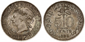 Ceylon 50 Cents 1893 Victoria(1837-1901). Averse: Head left within circle. Averse Legend: QUEEN VICTORIA. Reverse: Plant divides denomination. Silver....