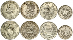 Chile 1 Peso & Cuba 20 Centavos & Panama 1/2 Balboa (1921-1966). Averse: National coat of arms. Reverse: Denomination; date. Silver. Lot of 4 Coins