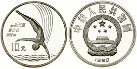 China 10 Yuan 1990 1992 Summer Olympics Barcelona Diving. Averse: National emblem; date below. Reverse: Platform diver; denomination lower left. Silve...