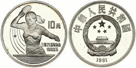 China 10 Yuan 1991 1992 Summer Olympics Barcelona Table Tennis. Averse: National emblem; date below. Reverse: Woman playing table tennis; denomination...