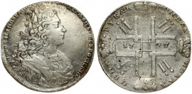 Russia 1 Rouble 1727 'Petersburg type'. Peter II (1727-1729). Averse: Laureate bust right. Reverse: Date in cruciform with 4 crowns monograms in angle...