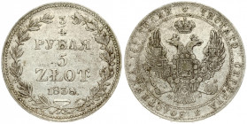 Russia For Poland 3/4 Roubles 5 Zlotych 1838 MW Warsaw Nicholas I (1826-1855). Averse: Shield within wreath on breast 3 shields on wings. Reverse: Val...