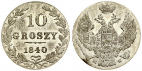 Russia For Poland 10 Groszy 1840 MW Warsaw Nicholas I (1826-1855). Averse: Shield within wreath on breast; 3 shields on wings. Reverse: Value and date...