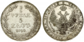 Russia For Poland 3/4 Roubles 5 Zlotych 1840 MW Warsaw Nicholas I (1826-1855). Averse: Shield within wreath on breast 3 shields on wings. Reverse: Val...
