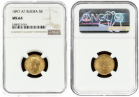 Russia 5 Roubles 1897 (АГ) St. Petersburg. Nicholas II (1894-1917). Averse: Head right. Reverse: Crowned double imperial eagle ribbons on crown. Gold....