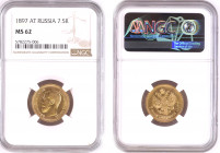 Russia 7.5 Roubles 1897 (АГ) St. Petersburg. Nicholas II (1894-1917). Averse: Head left. Reverse: Crowned double imperial eagle ribbons on crown. Gold...