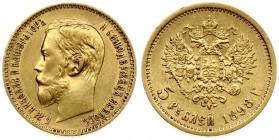 Russia 5 Roubles 1898 (АГ) St. Petersburg. Nicholas II (1894-1917). Averse: Head right. Reverse: Crowned double imperial eagle ribbons on crown. Gold....