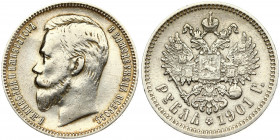 Russia 1 Rouble 1901 (ФЗ) St. Petersburg. Nicholas II (1894-1917). Averse: Head left. Reverse: Crowned double imperial eagle ribbons on crown. Silver....