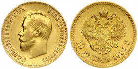 Russia 10 Roubles 1901 (AP) St. Petersburg. Nicholas II (1894-1917). Averse: Head left. Reverse: Crowned double-headed imperial eagle ribbons on crown...