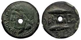 Spain. Salacia-Centouibon. c. 150-100 BC. AE ( Bronze. 10.90 g. 23 mm). 
CAVONIE.SISCRA Laureate bearded head facing to left. Dotted border.
Rev: Two ...