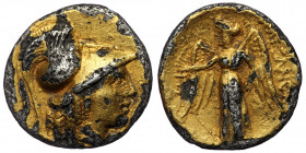 KINGS OF MACEDON. Alexander III 'the Great' (336-323 BC). Fourrée GOLD Drachm .( Silver/gold. 3.83 g. 19 mm ) Amphipolis.
 Head of Athena right, weari...