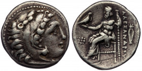 INGS of MACEDON. Alexander III. 336-323 BC. AR Drachm (Silver. 4.26 g. 18 mm). Kolophon mint. 
Struck circa 323-319 BC. 
Head of Herakles right, weari...