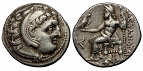 KINGS of MACEDON. Alexander III 'The Great'. 336-323 BC. AR Drachm ( Silver. 4.29 g. 18 mm)
Kolophon mint.
Struck 310-301 BC.
Head of Herakles right, ...