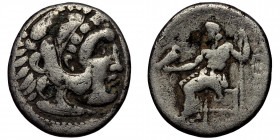 KINGS OF MACEDON. Alexander III ‘the Great’, 336-323 BC. AR Drachm ( 3.88 g. 17 mm )
Head of Herakles to right
Rev: Zeus seated left on low throne, ho...