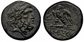 PONTOS. Amisos. Time of Mithradates VI Eupator, circa 100-85 BC. AE ( Bronze. 8.69 gr. 21 mm )
Laureate head of Zeus to right.
Rev. AMIΣOY Eagle stand...