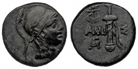 Pontos. Amisos. Time of Mithradates VI Eupator 120-63 BC. ( Bronze. 7.81 g. 21 mm)
Helmeted head of Ares right
Rev: AMI-Σ[ΟΥ], sword in sheath, monogr...