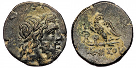 PONTOS. Amisos. Ae (Circa 100-85 BC). AE ( Bronze 8.07 g. 21 mm )
Laureate head of Zeus right.
Rev: Eagle, with head right, standing left on thunderbo...