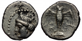 PONTOS. Amisos.circa 420-300 BC. Drachm AR ( Silver ( 5.23 g. 21 mm )
Head of Hera left,
Rev: Owl standing facing on shield, with wings spread