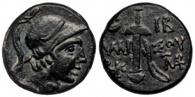 PONTOS, Amisos. Circa 95-90 BC. AE ( Bronze. 7.69 g. 20 mm ). Struck under Mithradates VI. 
Helmeted head of Ares(?) right.
Rev: Sword in sheath. [A]M...