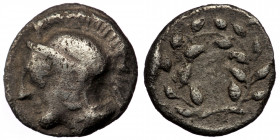 AEOLIS. Elaia. Circa 450-400 BC. Hemiobol (Silver, 0.39 g. 8 mm). 
Head of Athena to left, wearing crested Attic helmet. 
Rev. Laurel wreath; 
SNG Cop...