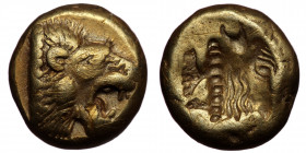 LESBOS. Mytilene. Circa 521-478 BC. Hekte (Electrum. 2.50 g. 10 mm). 
Head of a roaring lion to right. 
Rev. Incuse head of a calf to right with recta...