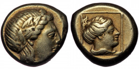 LESBOS. Mytilene. Circa 377-326 BC. Hekte (Electrum, 2.53 g. 11 mm ). 
Laureate head of Apollo to right. 
Rev. Head of a female to right within linear...