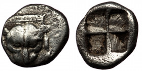 ISLANDS OF IONIA. Samos. Ca. 512 BC Obol AR ( silver. 0.69 g. 9 mm)
Facing panther head in square frame of dots between parallel lines.
Quadripartite ...