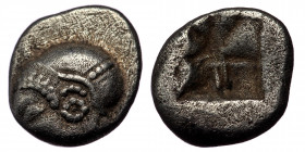 Ionia, Phokaia AR Diobol. Late 6th Century BC. ( Silver. 1.20 g. 10 mm)
 Archaic head of Athena(?) left
Rev: Four-part incuse punch. 
SNG Copenhagen 3...