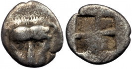 IONIA. Samos. 510-465 BC. AR obol. ( Silver. 0.40 g 9 mm) 
Head of panther facing. 
Rev: Quadripartite incuse square.
Barron, The Siver Coins of Samos...