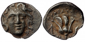 Islands off Caria. Rhodos circa 229-205 BC. Eukrates, magistrate ( Silver. 1.25 g. 13 mm) Hemidrachm AR
Head of Helios facing slightly right.
Rev: Ros...