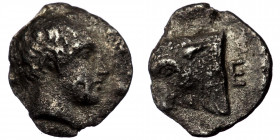 SATRAPS OF CARIA. Hekatomnos (392-376 BC). Hemiobol. ( Silver. 0.26 g. 8 mm )
Obv: Head of youth right.
Rev: Head of bull left; E behind.
CNG eA 199/2...