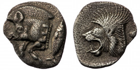 MYSIA. Kyzikos. Circa 450-400 BC. obol (Silver, 0,73 g. 12 mm ). 
Forepart of a boar to left; to right, tunny upward. 
Rev. Head of a lion to left; al...