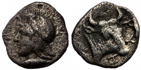 Mysia, Kyzikos Hemiobol. Circa 450-400 BC. ( silver. 0,36 g. 8 mm ) 
Head of Attis to left, wearing Phrygian cap; below, tunny fish to left.
Rev: Head...