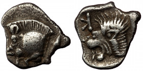 Mysia, Kyzikos AR Obol. Circa 450-400 BC. ( silver. 0,76 g. 12 mm )
Forepart of boar to left, tunny fish upward to right
Rev: Head of roaring lion to ...