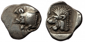 Mysia, Kyzikos AR Obol. Circa 450-400 BC. ( silver. 0,84 g. 12 mm ) 
Forepart of boar to left, tunny fish upward to right.
Rev: Head of roaring lion t...