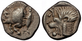 Mysia, Kyzikos AR Obol. Circa 450-400 BC. ( silver. 0,81 gr. 9 mm )
Forepart of boar to left, tunny fish upward to right
Rev: Head of roaring lion to ...