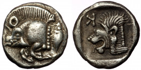 Mysia, Kyzikos AR Obol. Circa 450-400 BC. ( silver.0,84 g. 10 mm )
Forepart of boar to left, tunny fish upward to right
Rev: Head of roaring lion to l...