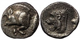 Mysia. Kyzikos circa 450-400 BC. Obol ( silver. 0,82 g. 11 mm)
Forepart of boar to left, tunny fish behind.
Rev: Head of roaring lion to left within i...