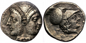 MYSIA. Lampsakos. Obol (Circa 390-330 BC). ( silver 0,97 g. 13 mm )
Janiform female head.
Rev: Helmeted head of Athena right.
SNG France 1176-8.