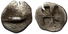 MYSIA. Kyzikos. Obol (Circa 600-550 BC). ( silver. 0.52 g. 10 mm) 
Tunny left.
Rev: Quadripartite incuse square.
Von Fritze II 5; SNG BN -; SNG von Au...