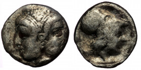 MYSIA. Lampsakos. Obol (Circa 390-330 BC). ( silver 1.14 g. 12 mm )
Janiform female head.
Rev: Helmeted head of Athena right.
SNG France 1176-8.