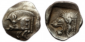 MYSIA. Kyzikos. Obol (Circa 450-400 BC). ( silver. 0.78 g. 12 mm )
Forepart of boar left, with Ǝ on shoulder; to right, tunny upward.
Rev: Head of roa...