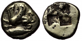 MYSIA, Kyzikos. Circa 550-450 BC. Fourrée ( Electrum. 0.84 g. 9 mm)
Griffin standing left on tunny left.
Rev: Quadripartite incuse square. 
Von Fritze...