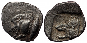 MYSIA, Kyzikos. Circa 450-400 BC. AR Obol (Silver. 0.96 g. 11 mm). 
Forepart of boar left, on shoulder; tunny to right.
Rev: Head of lion left within ...