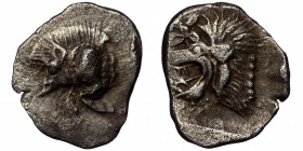 MYSIA, Kyzikos. Circa 450-400 BC. AR Hemiobol (Silver. 0.39 g. 10 mm). 
Forepart of boar left; to right, tunny upward.
Rev: Head of roaring lion left;...